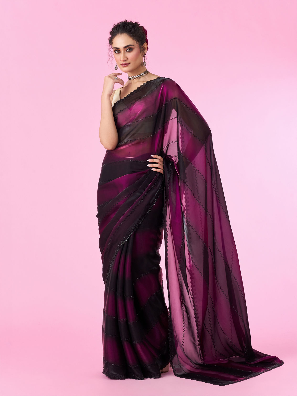 Mohey Women Wine Organza Cocktail Saree