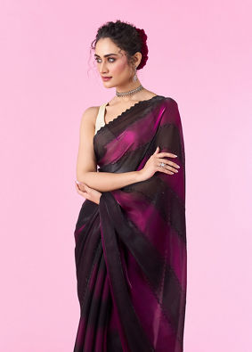 Mohey Women Wine Organza Cocktail Saree
