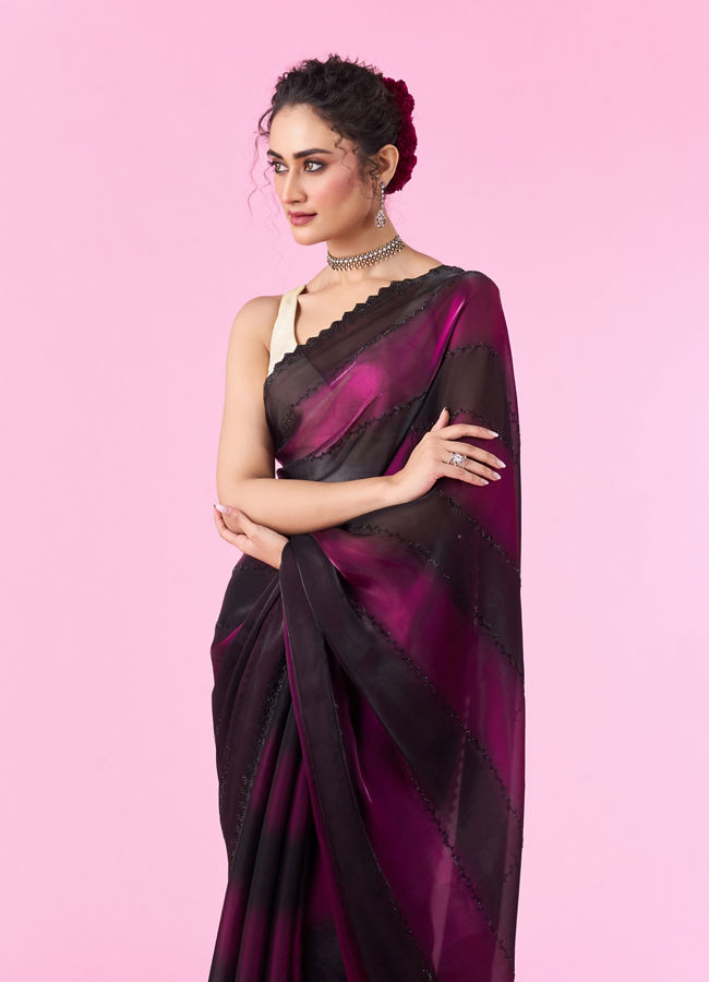 Mohey Women Wine Organza Cocktail Saree