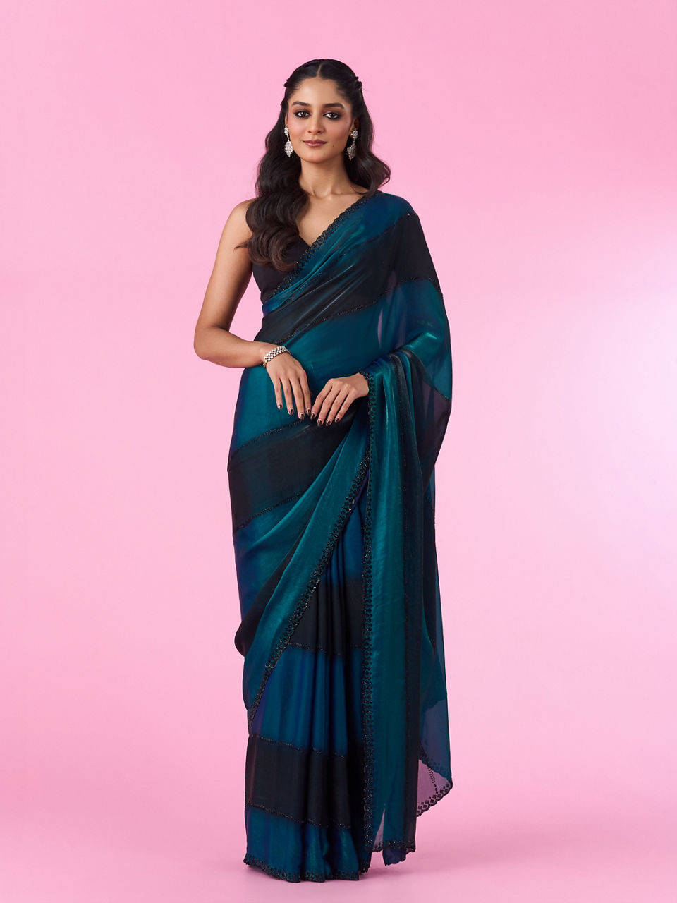 Mohey Women Elegant Teal Blue Organza Saree