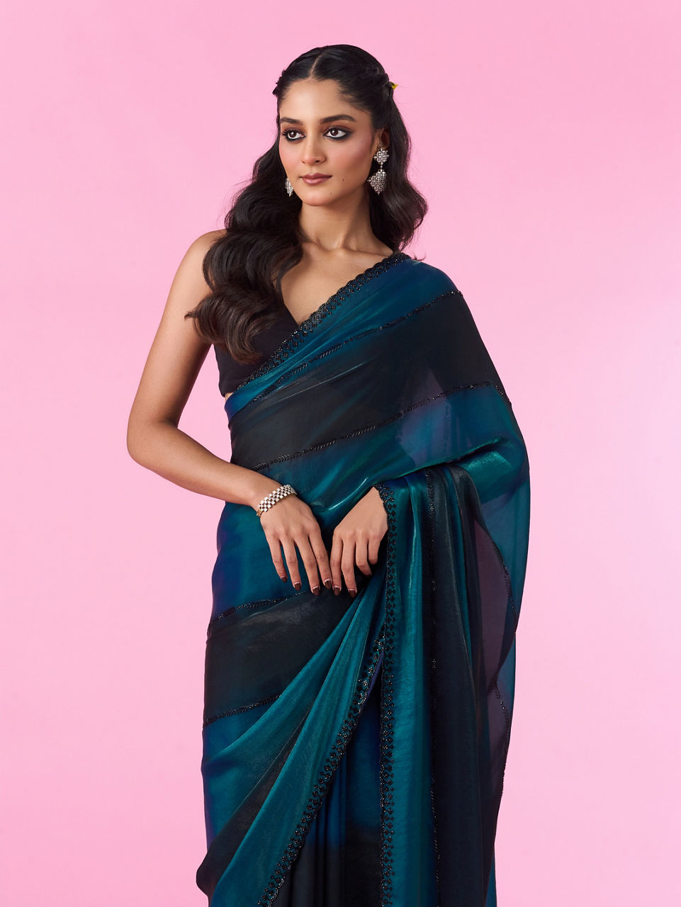 Mohey Women Elegant Teal Blue Organza Saree