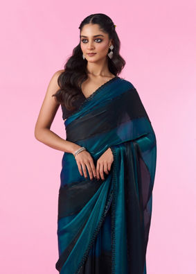 Mohey Women Elegant Teal Blue Organza Saree