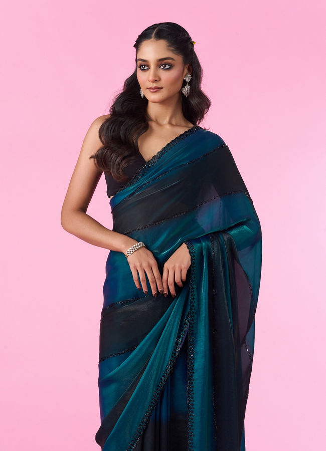 Mohey Women Elegant Teal Blue Organza Saree