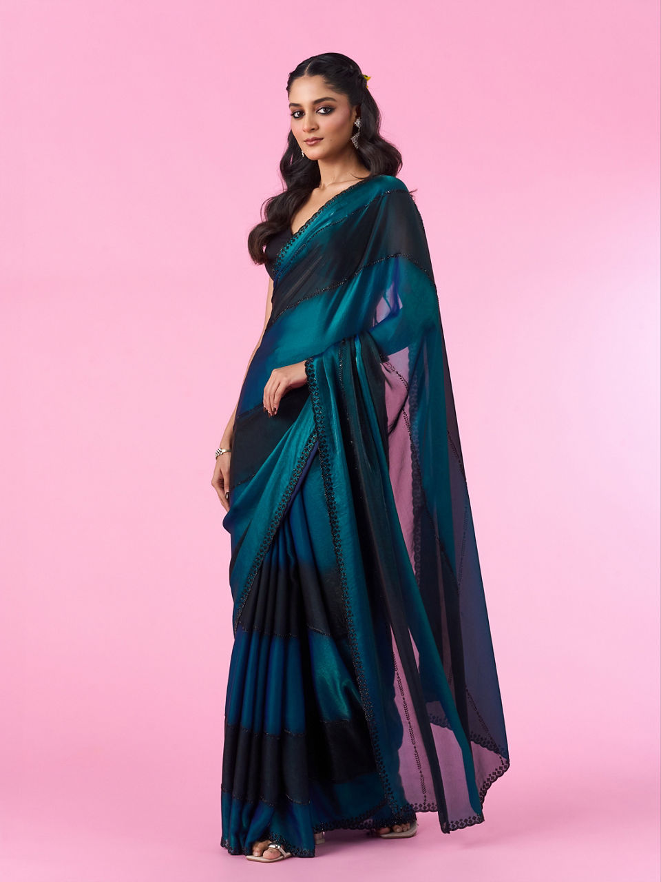 Mohey Women Elegant Teal Blue Organza Saree