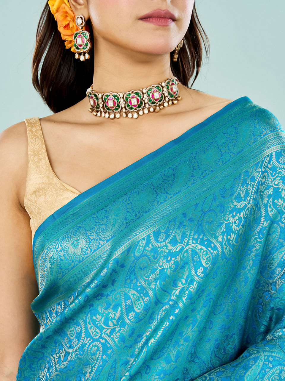 Mohey Women Elegant Blue Saree with Unstitch Blouse