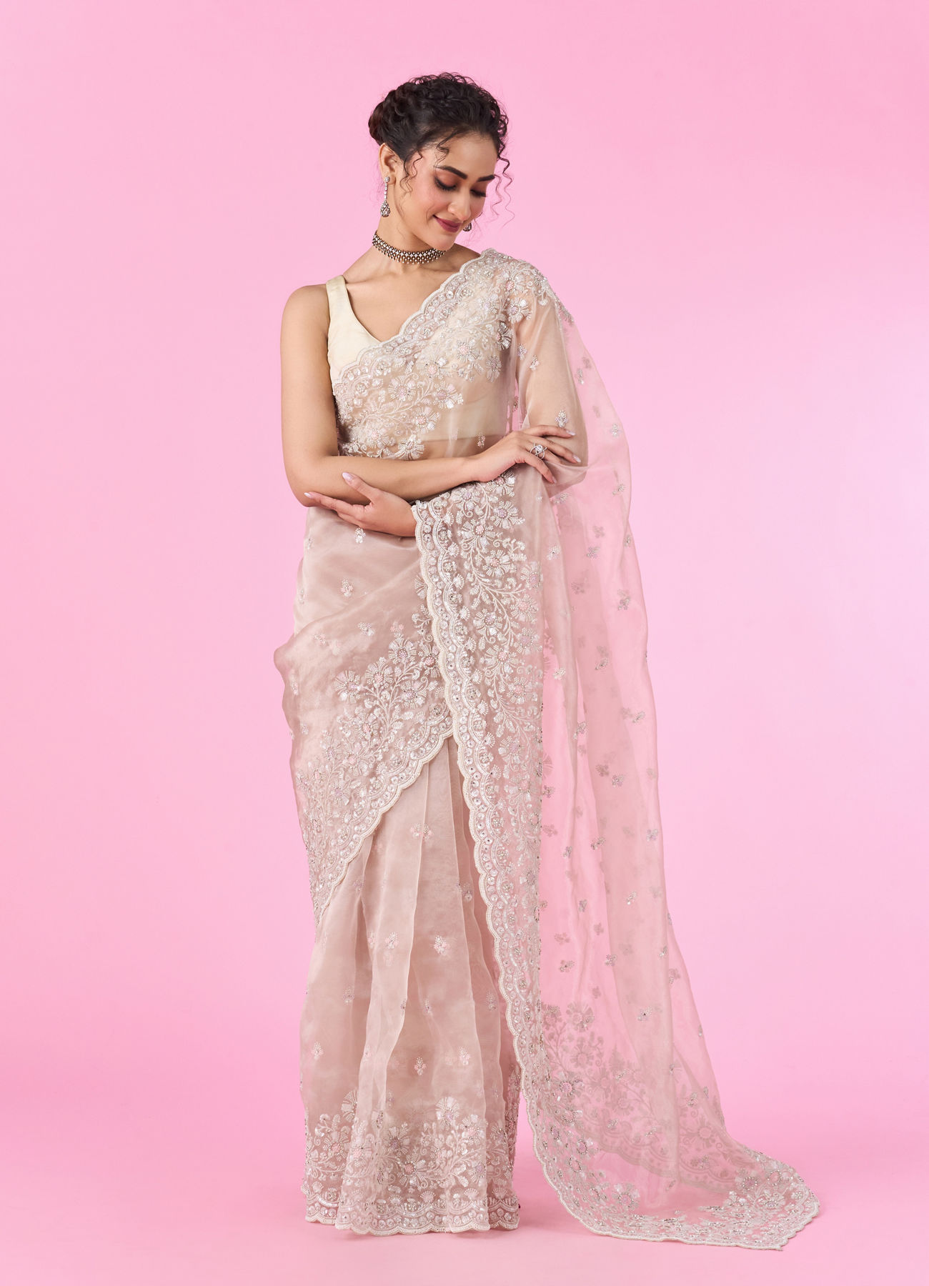 Mohey Women Elegant Fawn Organza Saree