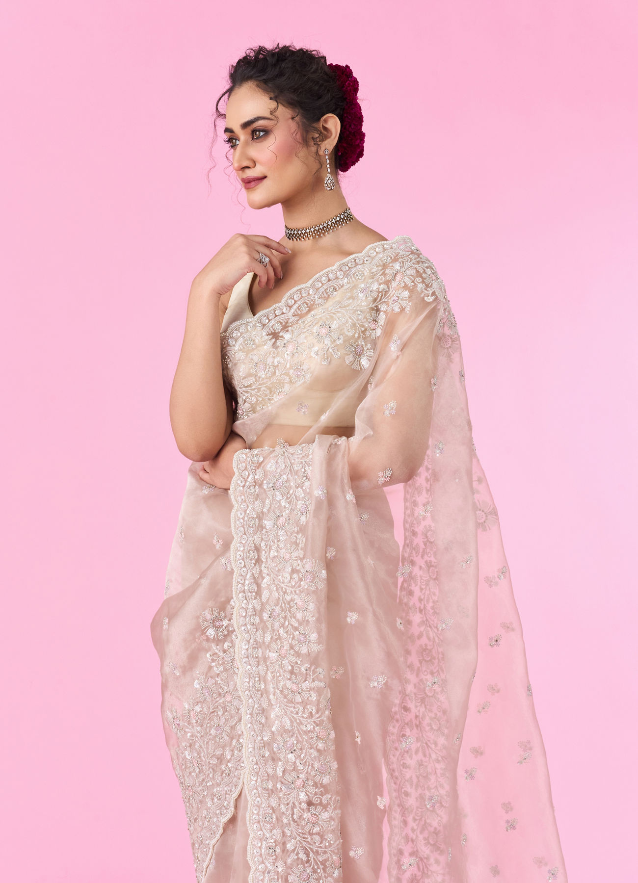 Mohey Women Elegant Fawn Organza Saree