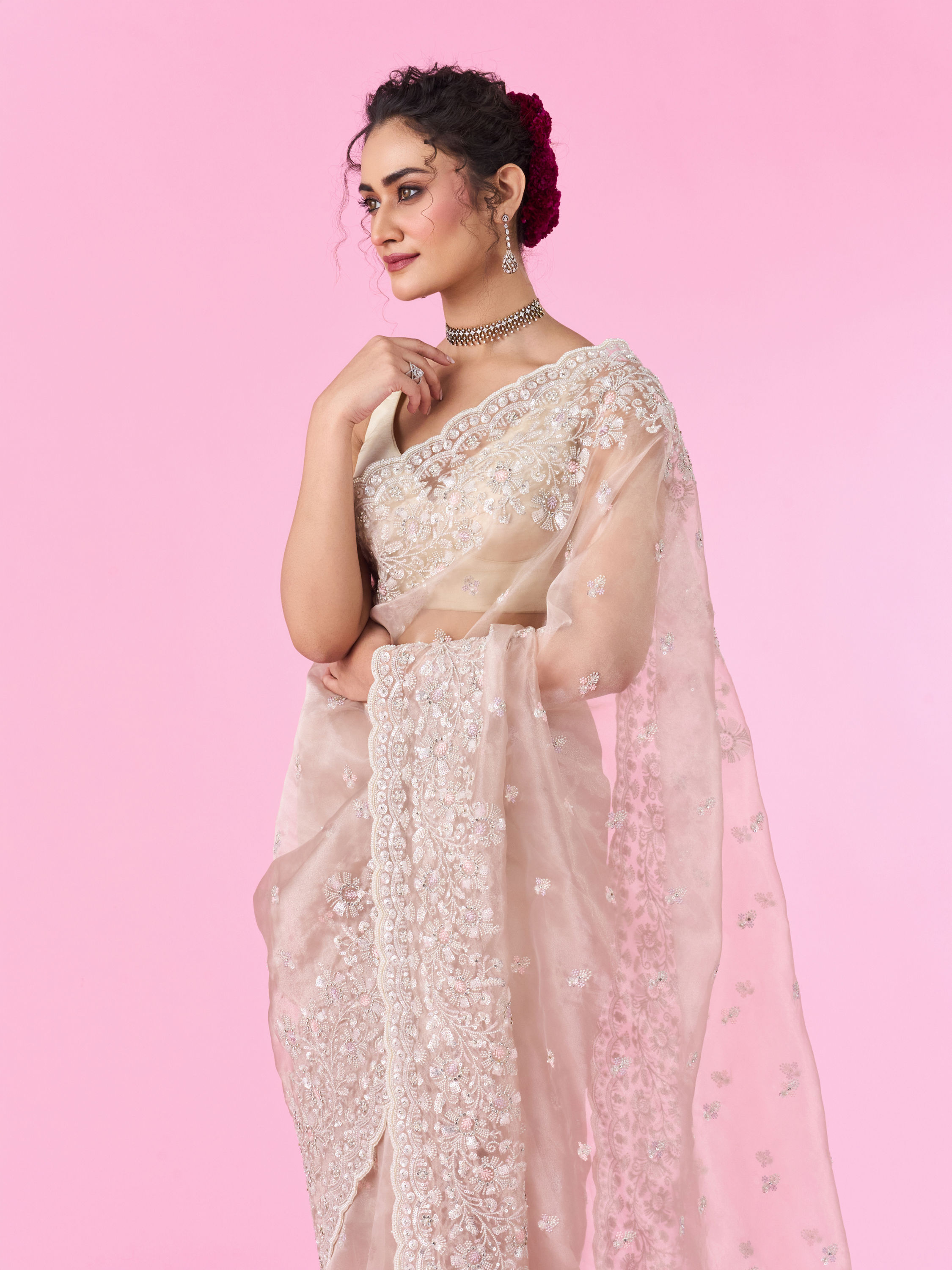 Mohey Women Elegant Fawn Organza Saree