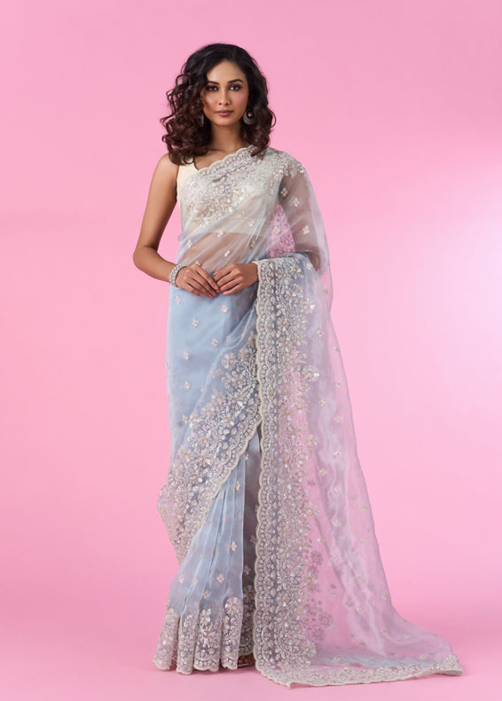 Mohey Women Radiant Light Blue Organza Saree