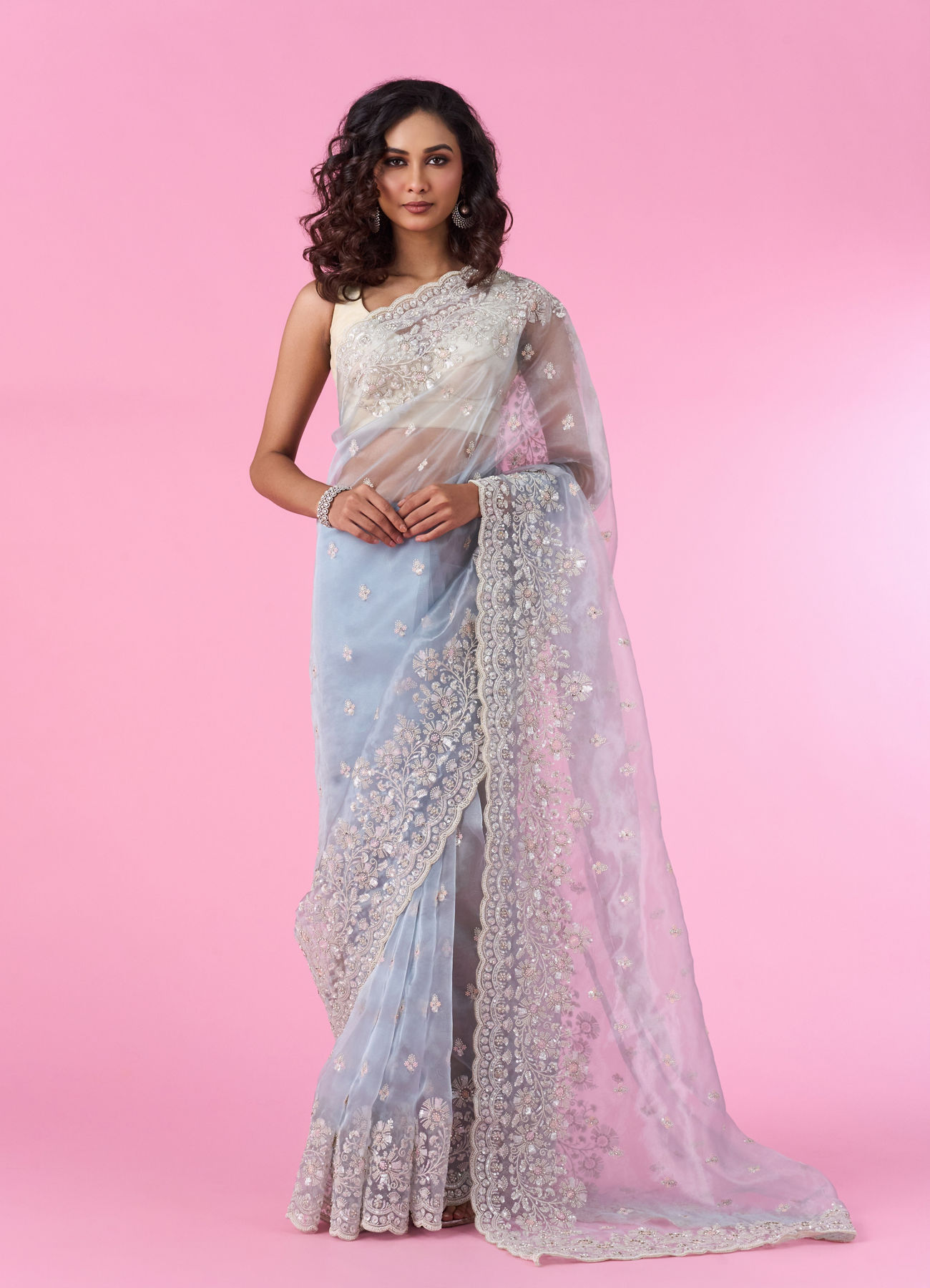 Mohey Women Radiant Light Blue Organza Saree