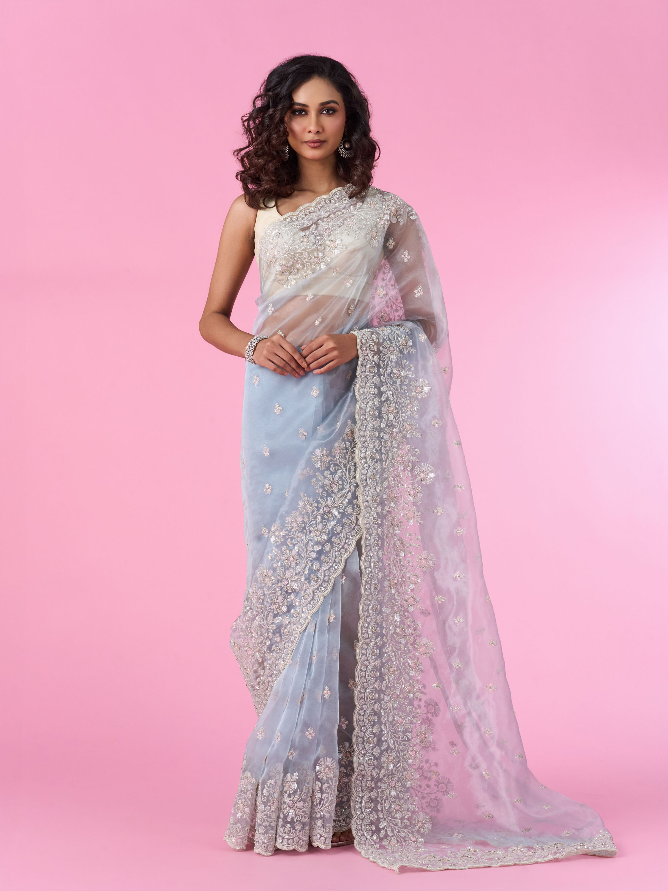 Mohey Women Radiant Light Blue Organza Saree