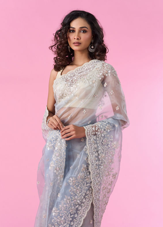 Mohey Women Radiant Light Blue Organza Saree