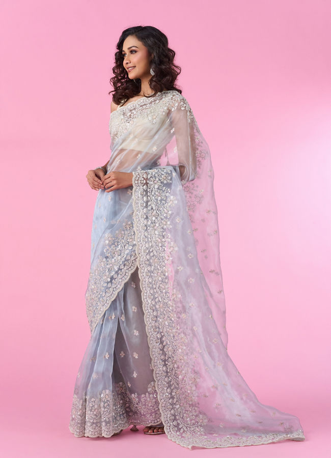 Mohey Women Radiant Light Blue Organza Saree