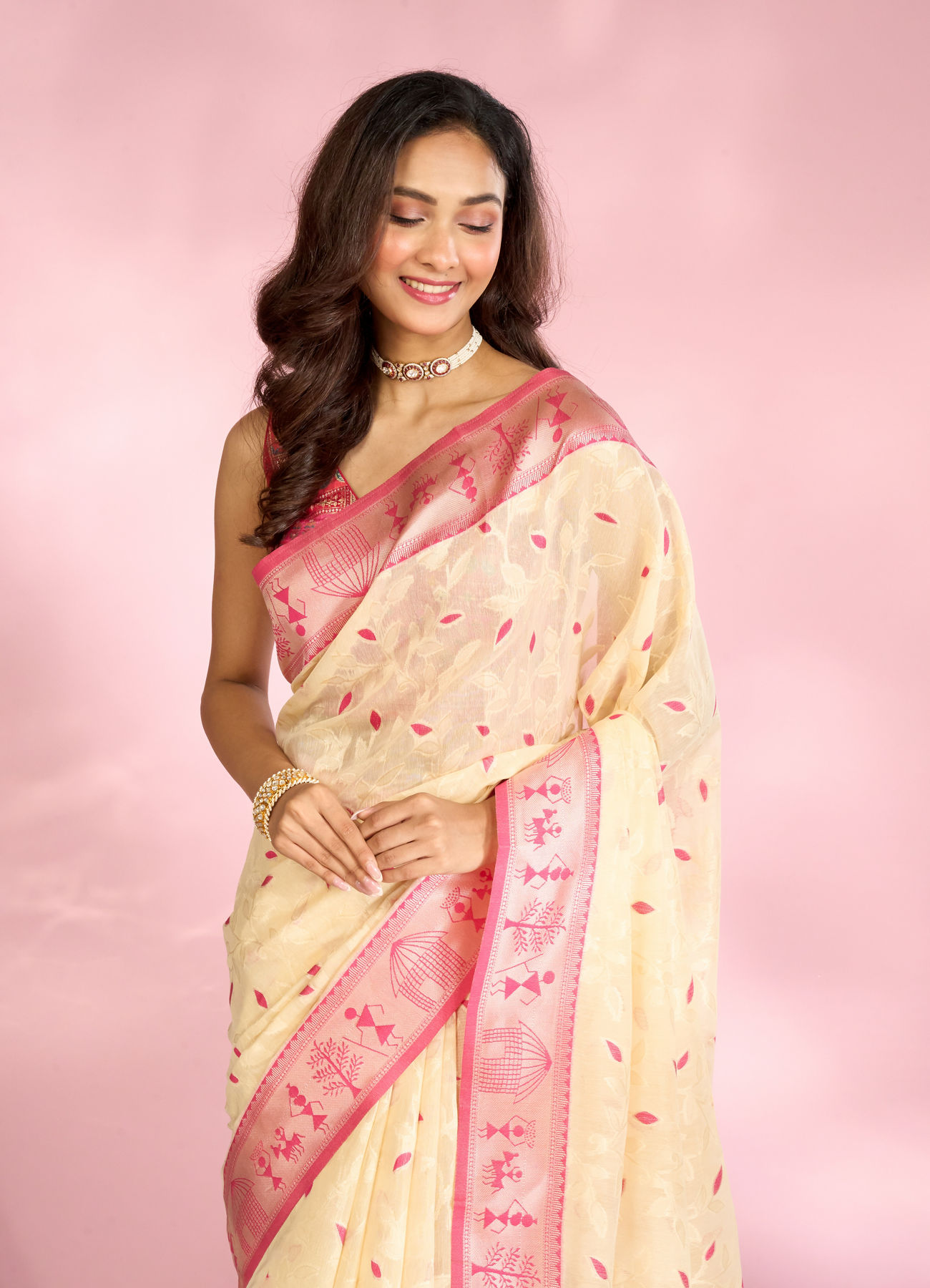 Mohey Women Elegant Rani Pink Saree