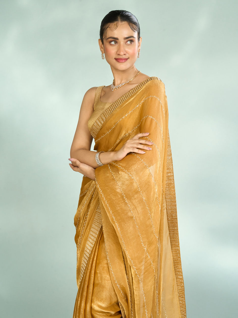 Mohey Women Mustard Yellow Organza Glory Saree
