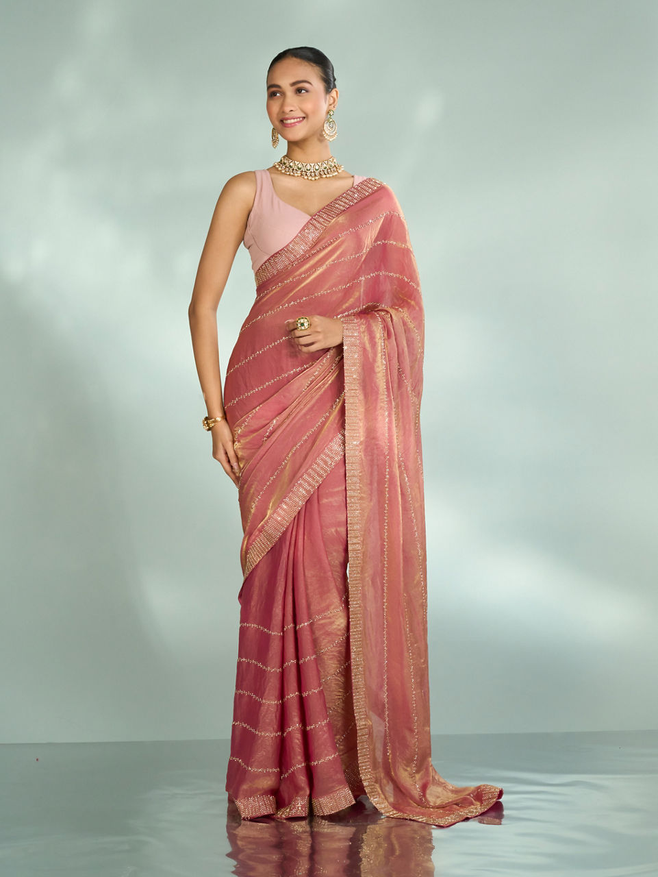 Mohey Women Dusty Pink Organza Saree