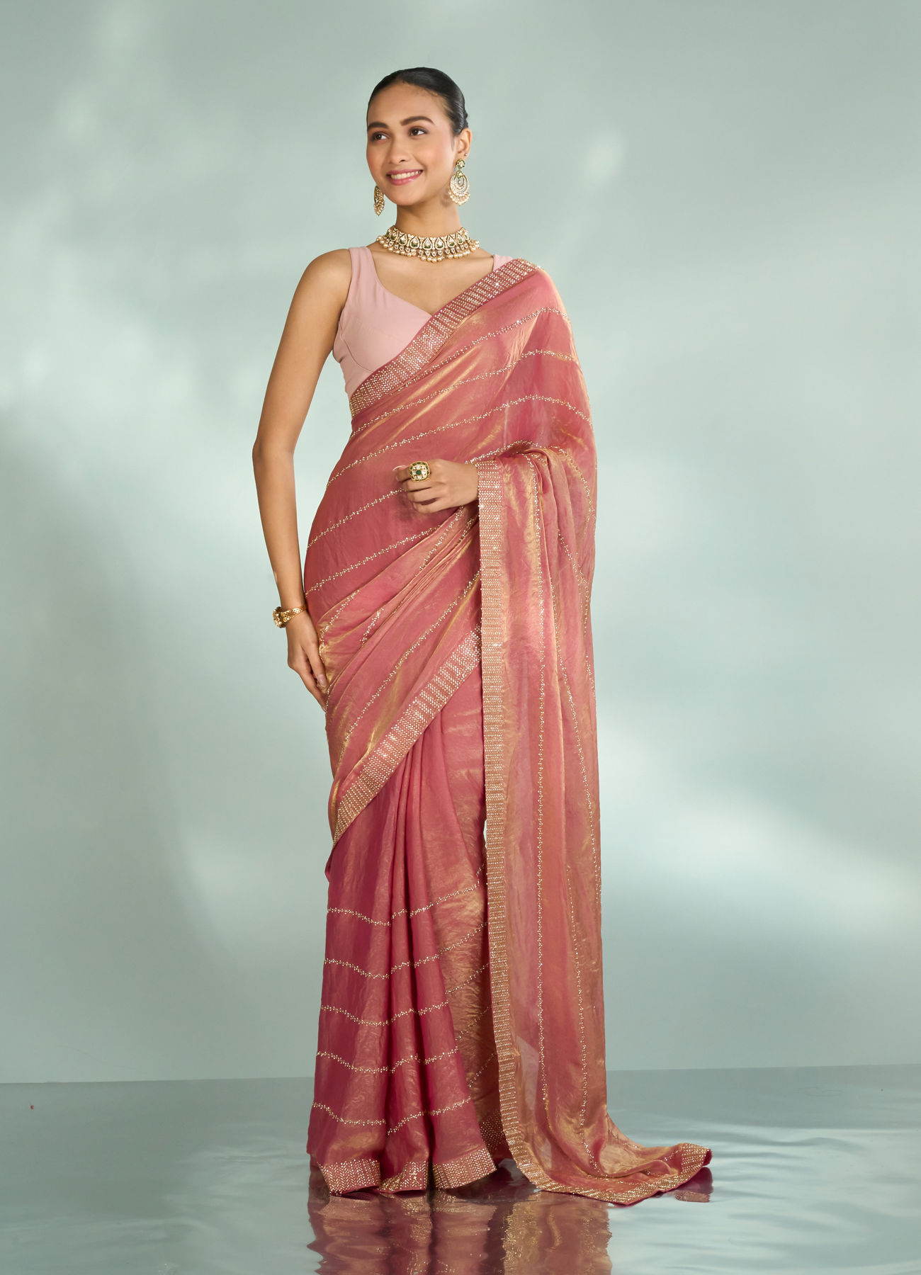 Mohey Women Dusty Pink Organza Saree