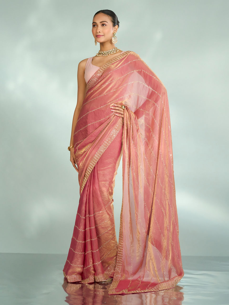Mohey Women Dusty Pink Organza Saree