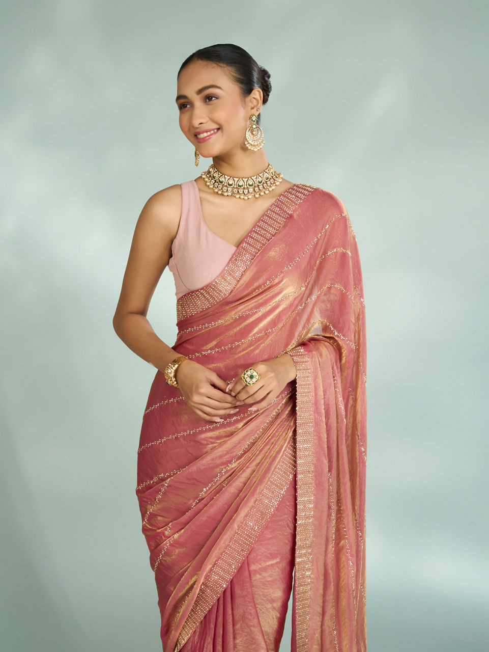 Mohey Women Dusty Pink Organza Saree