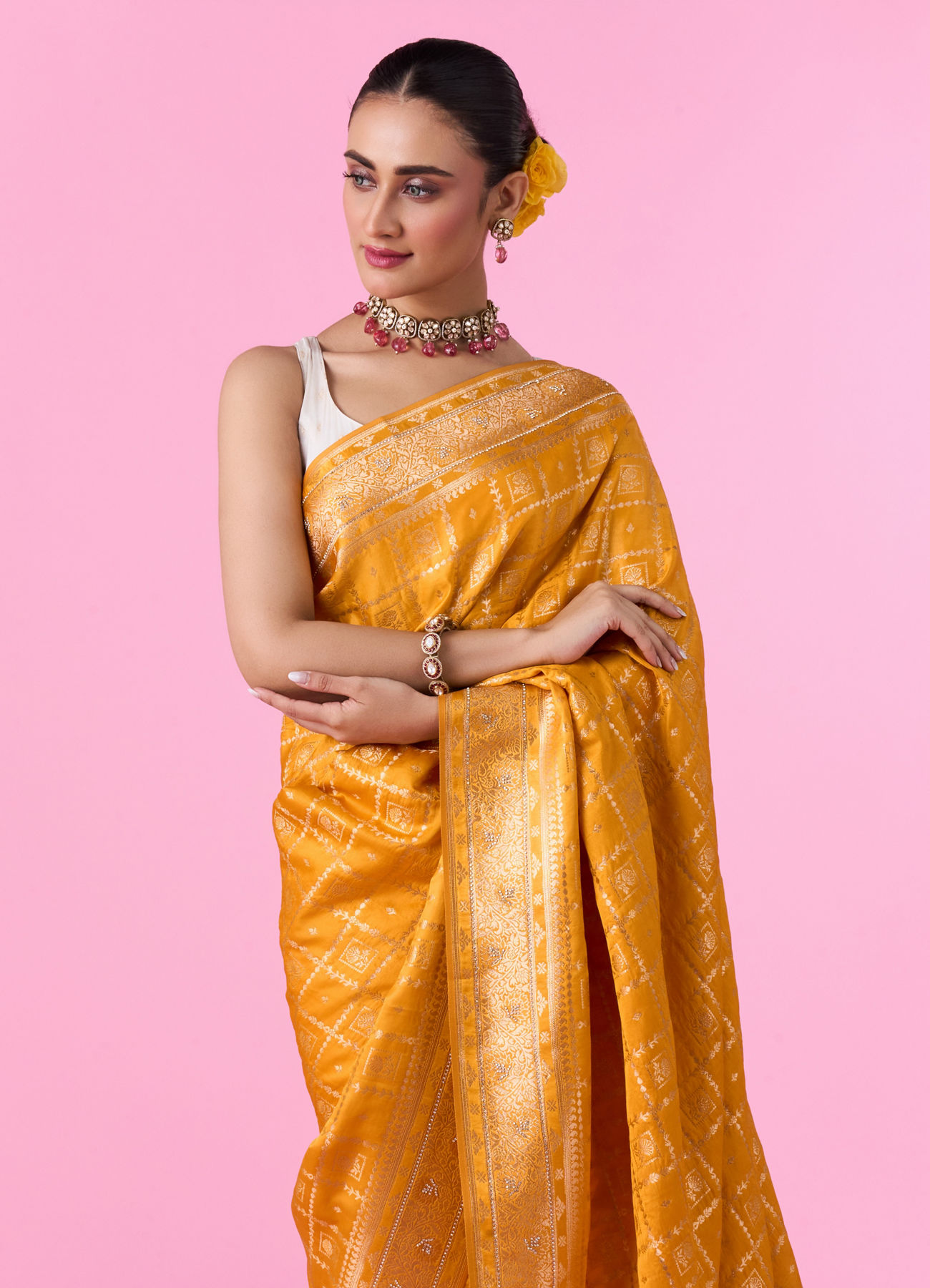 Mohey Women Radiant Mustard Yellow Banarasi Saree