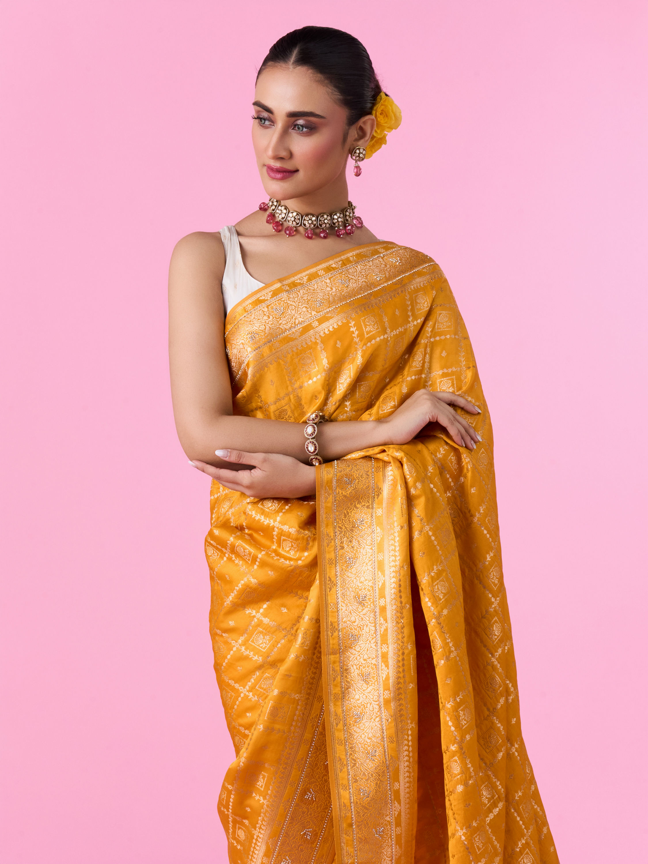 Mohey Women Radiant Mustard Yellow Banarasi Saree