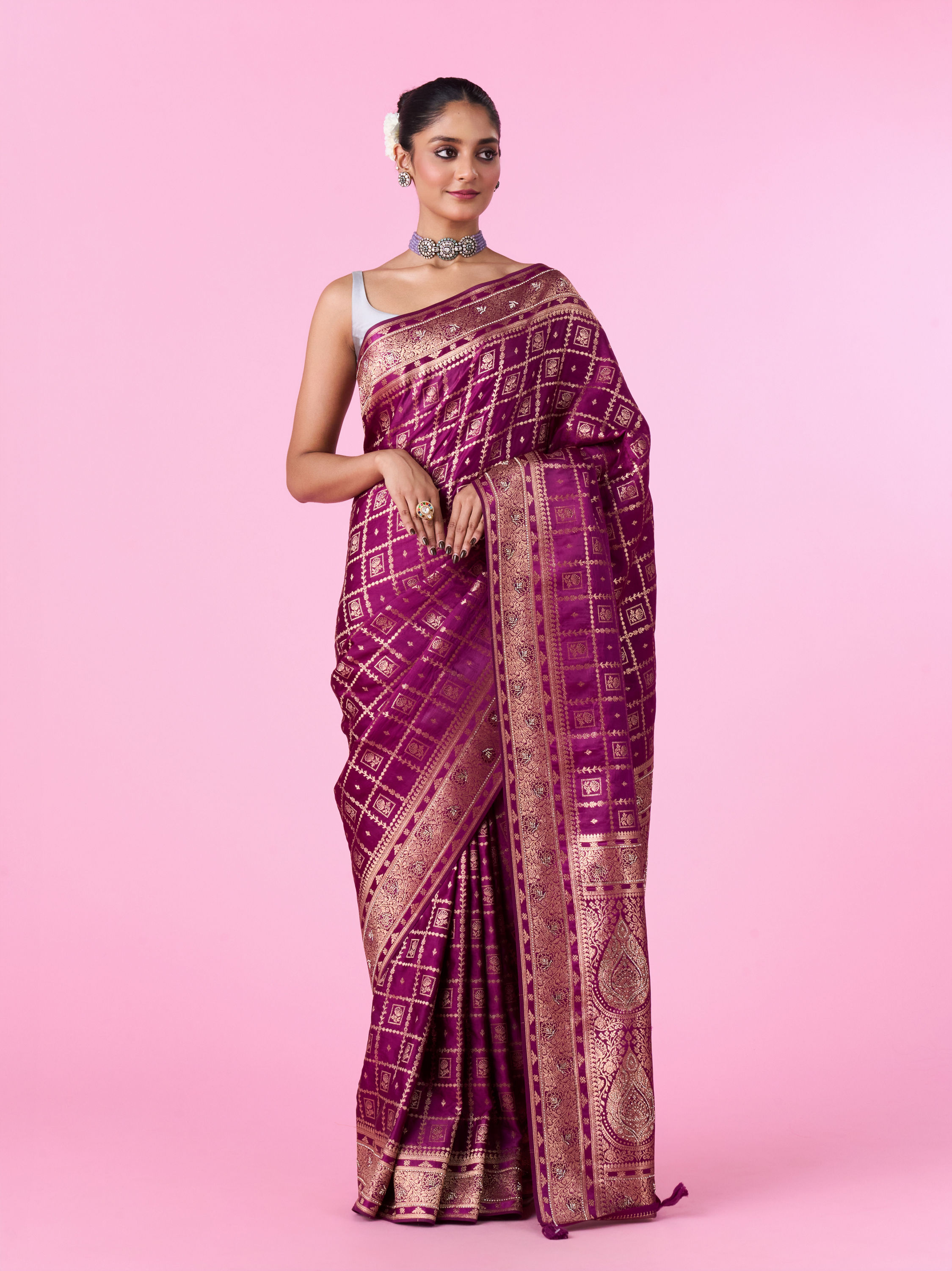 Mohey Women Wine Elegance Banarasi Saree