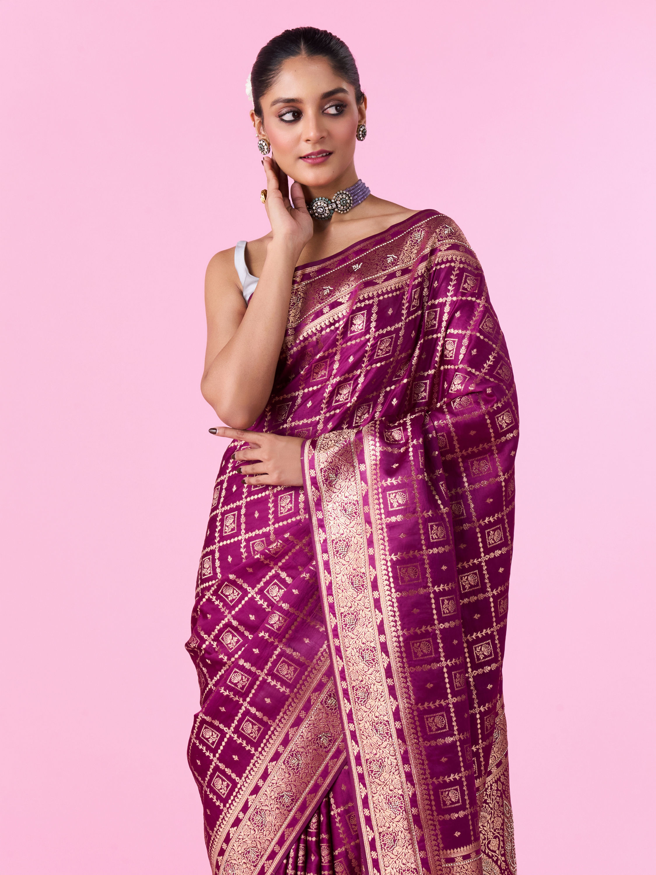 Mohey Women Wine Elegance Banarasi Saree