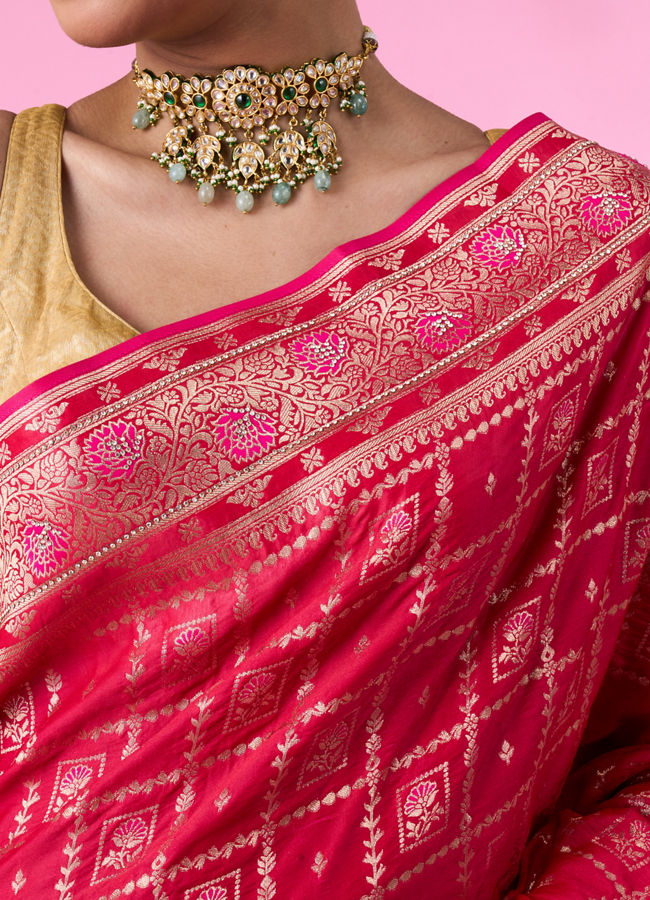 Mohey Women Glamorous Pink Fantasy Banarasi Saree