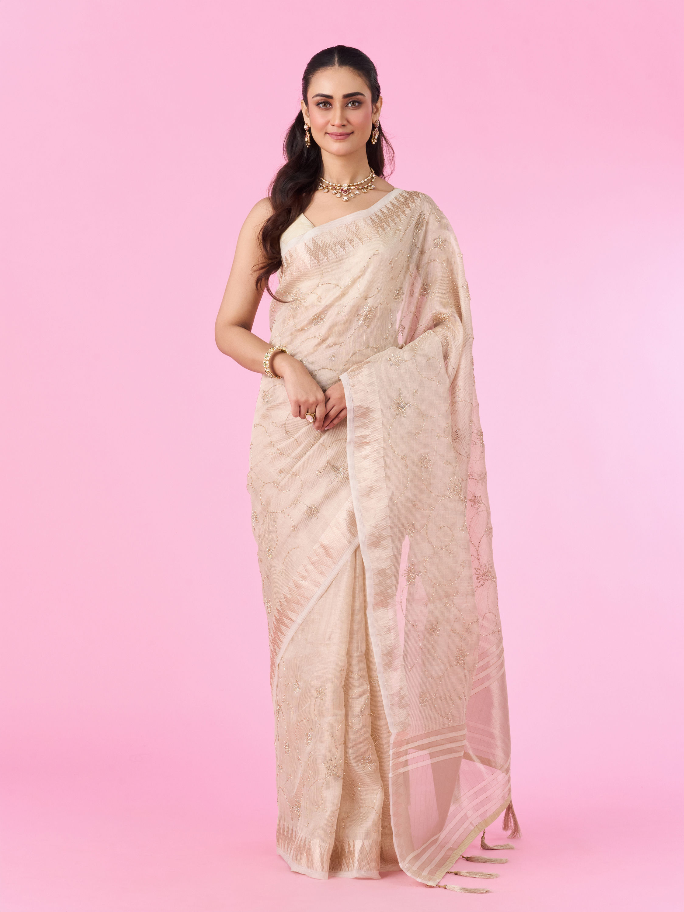 Mohey Women Elegant Cream Carnival Saree