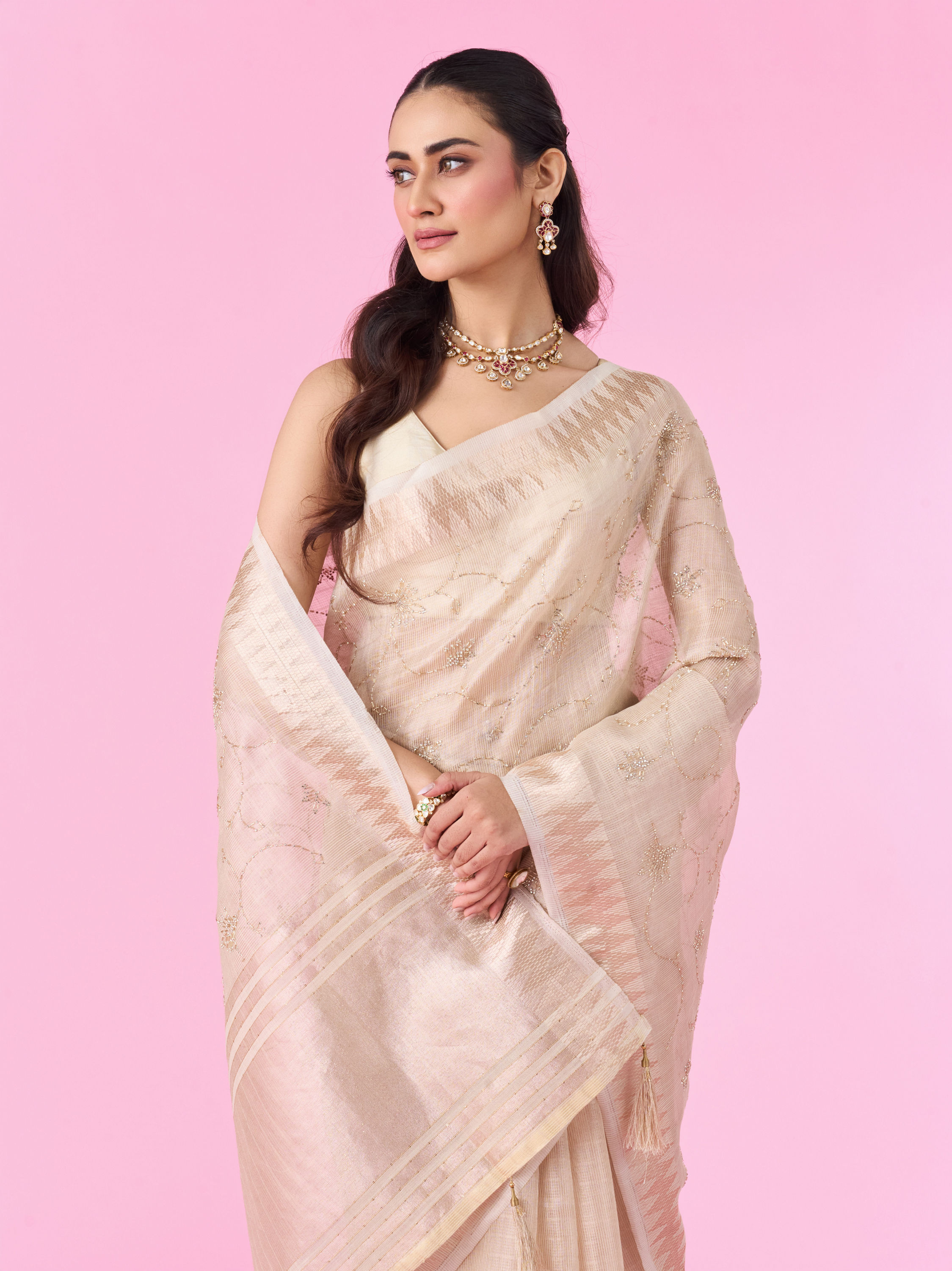 Mohey Women Elegant Cream Carnival Saree