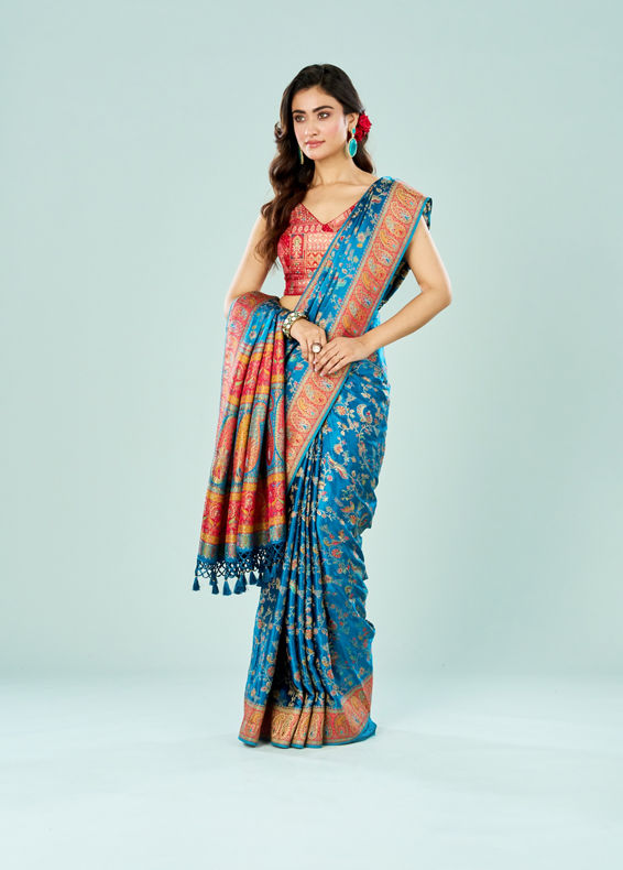 Mohey Women Teal Blue Banarasi Art Silk Saree
