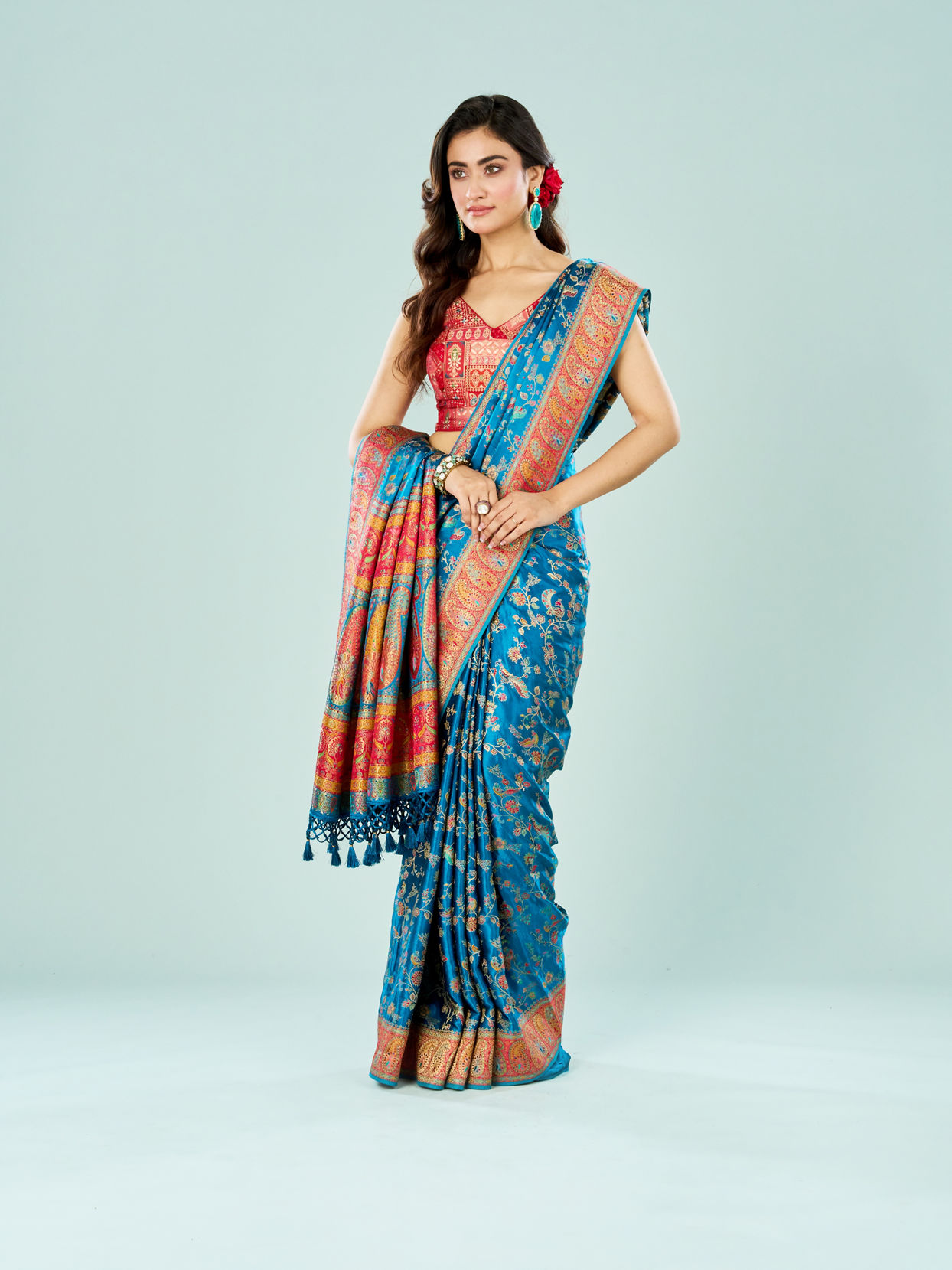 Mohey Women Teal Blue Banarasi Saree