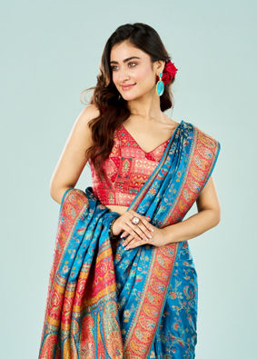 Mohey Women Teal Blue Banarasi Saree