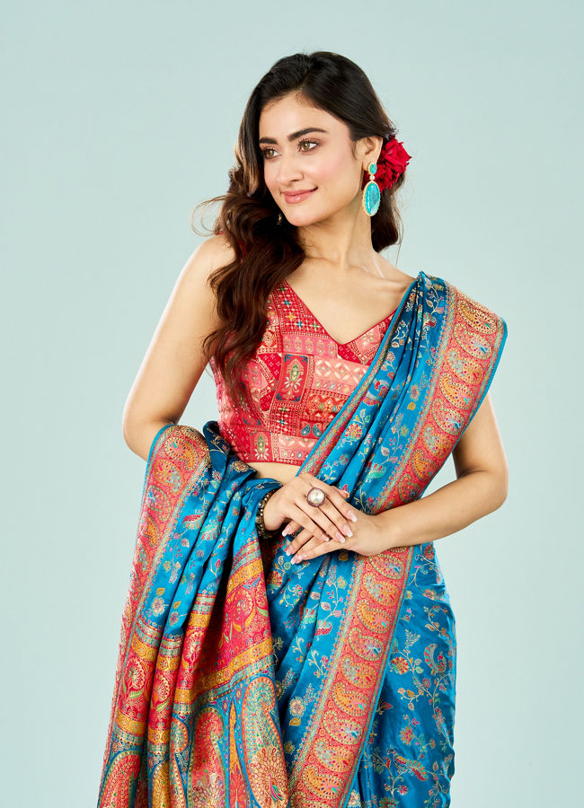 Mohey Women Teal Blue Banarasi Saree