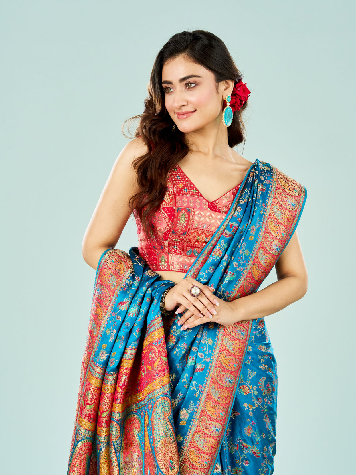 Mohey Women Teal Blue Banarasi Saree