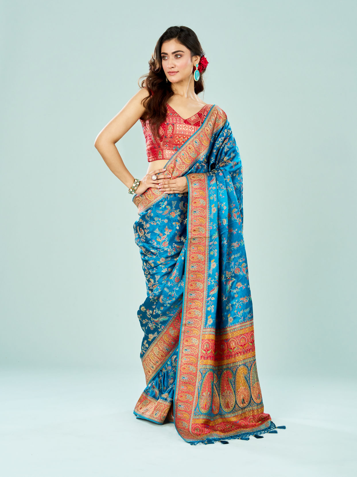 Mohey Women Teal Blue Banarasi Art Silk Saree