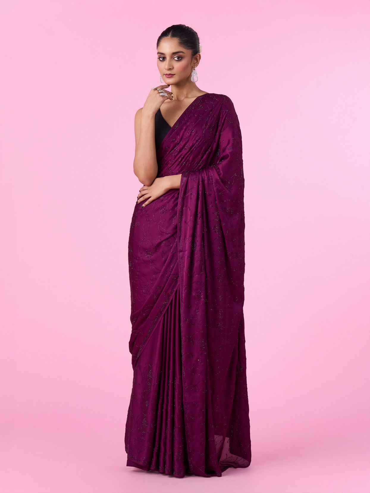 Mohey Women Wine Satin Elegance Saree