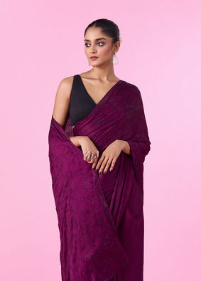 Mohey Women Wine Satin Elegance Saree