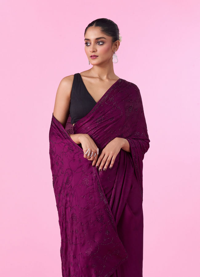 Mohey Women Wine Satin Elegance Saree