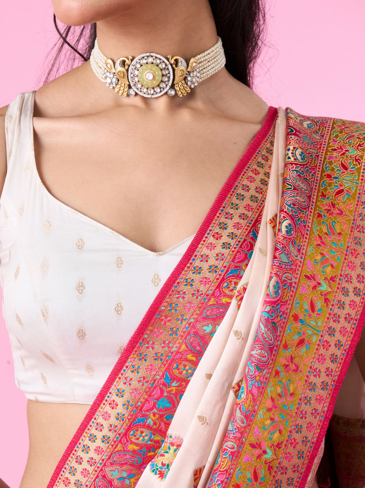 Mohey Women Radiant Cream Beauty Banarasi Saree