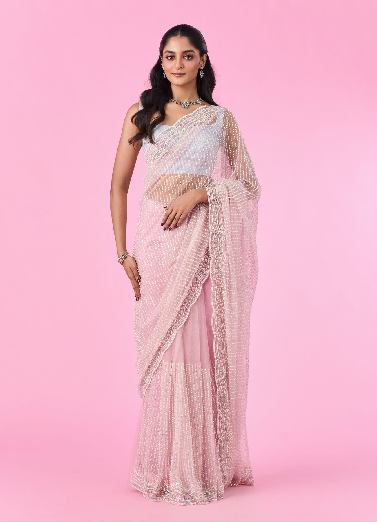 Mohey Women Pink Net Elegance Saree