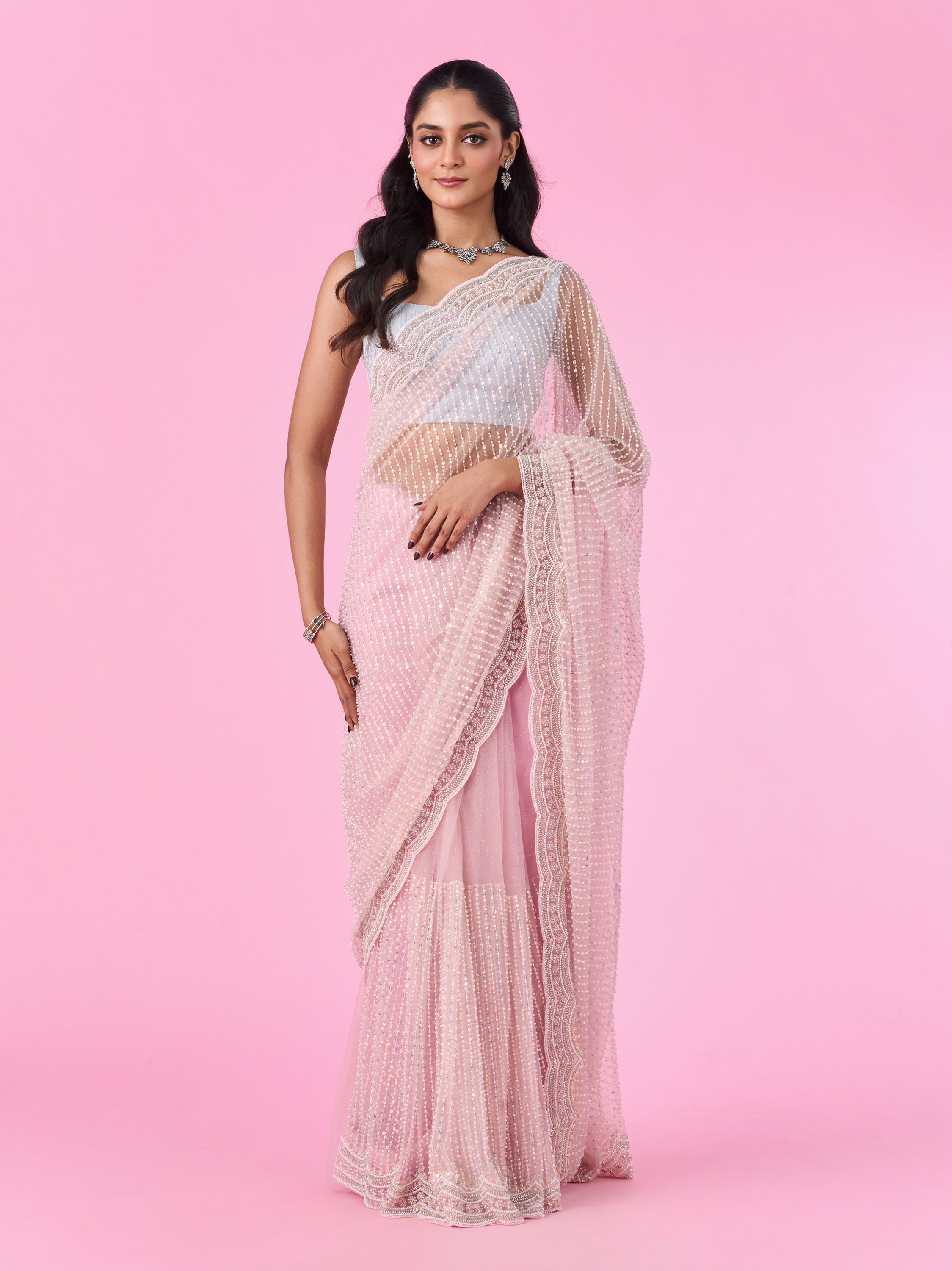 Mohey Women Pink Net Elegance Saree