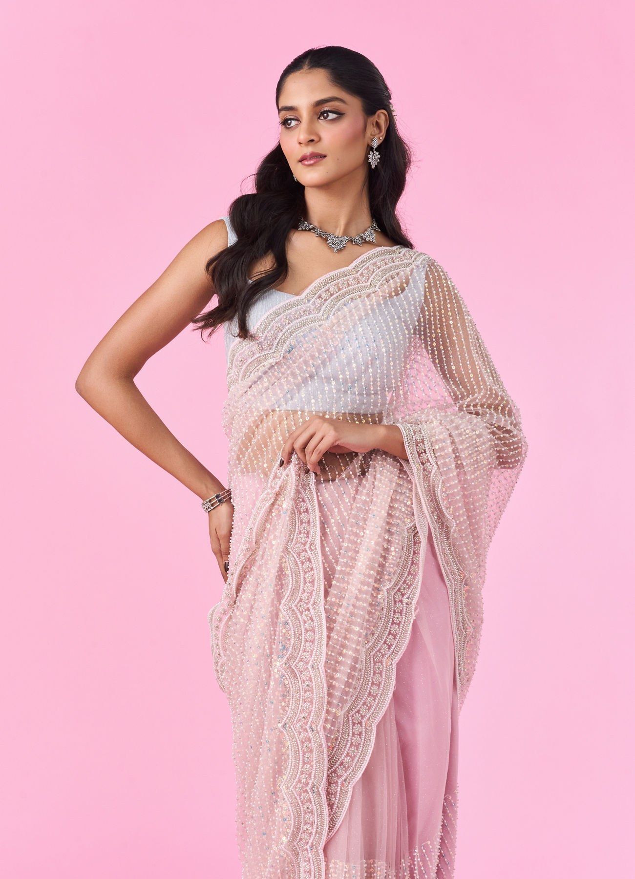 Mohey Women Pink Net Elegance Saree
