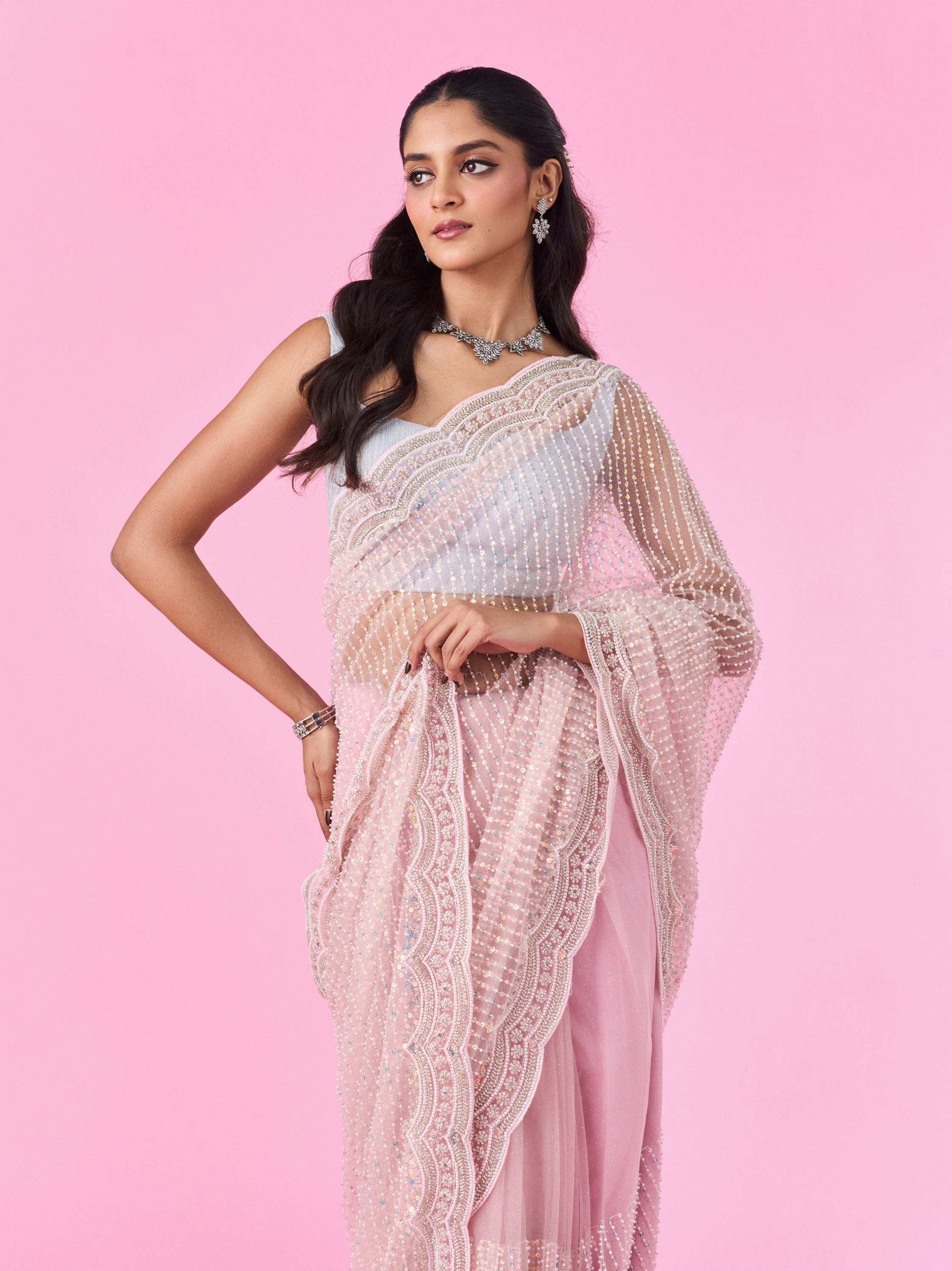 Mohey Women Pink Net Elegance Saree
