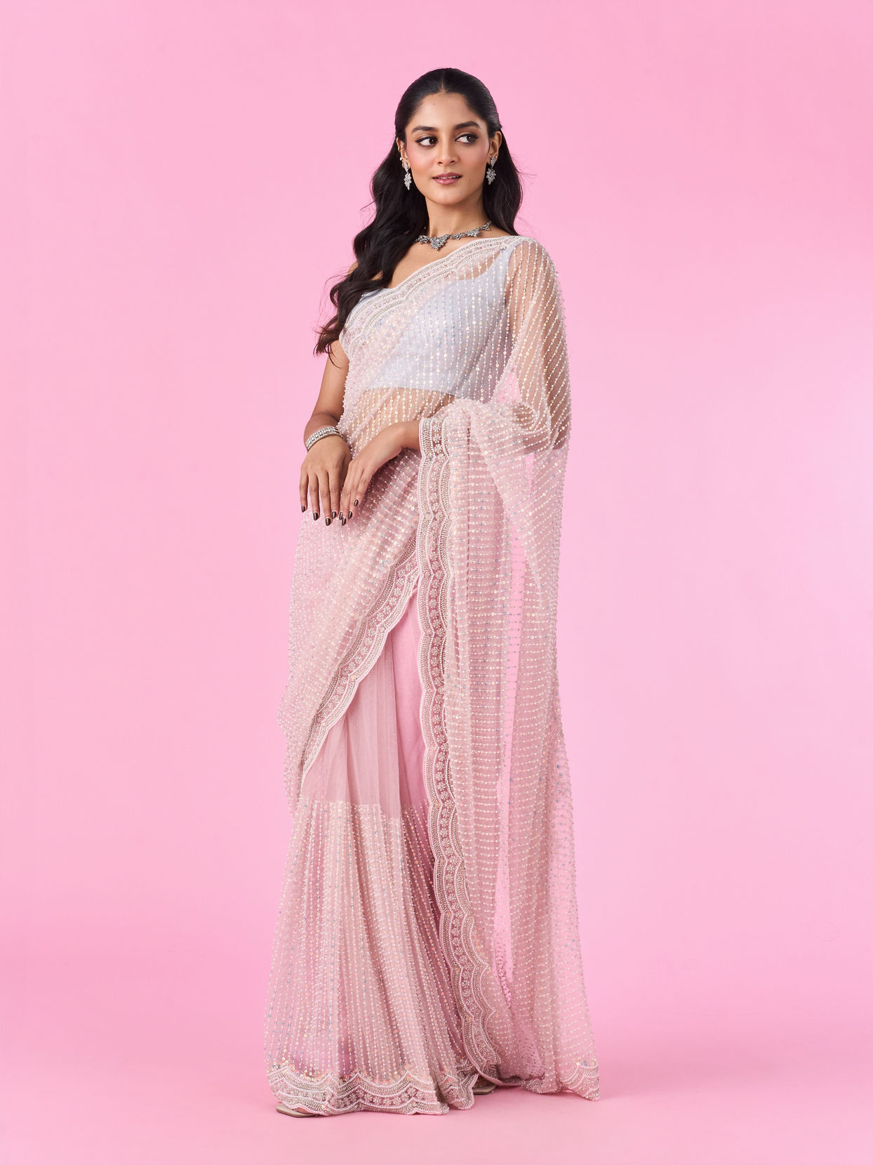 Mohey Women Pink Net Elegance Saree