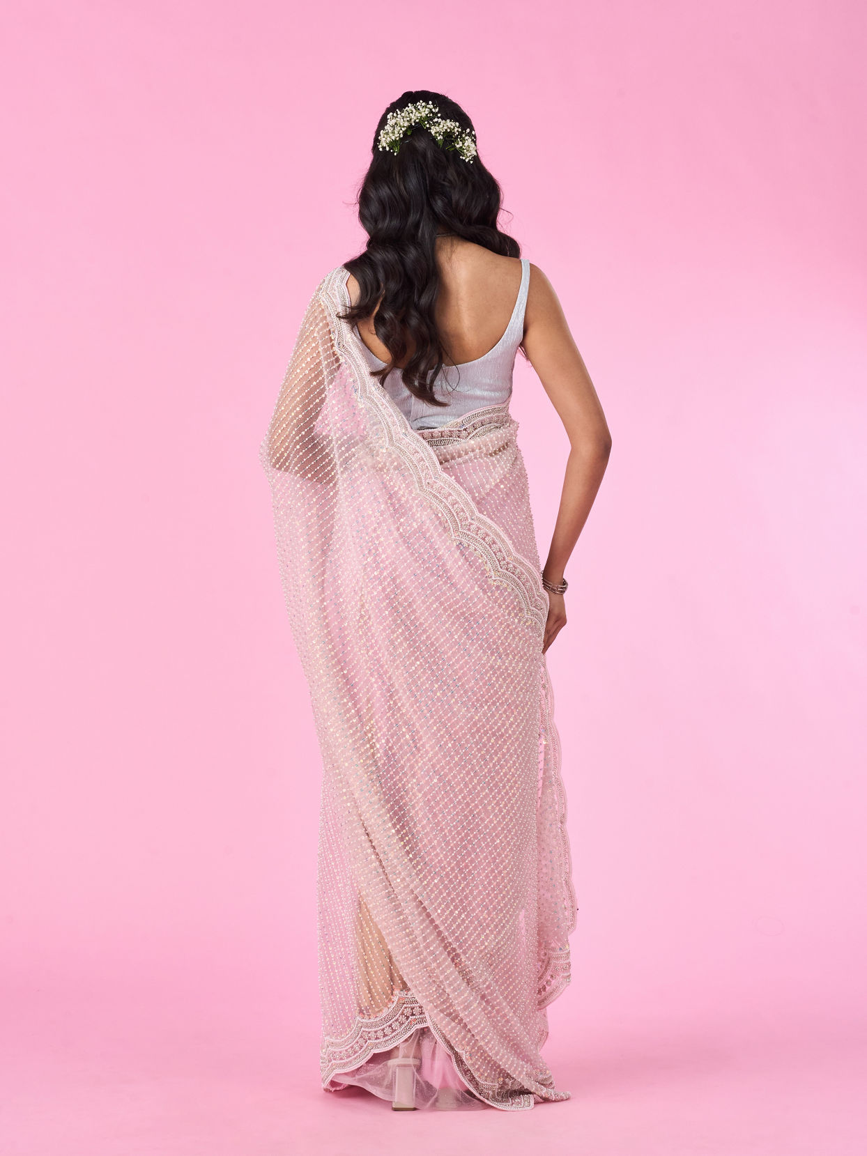 Mohey Women Pink Net Elegance Saree