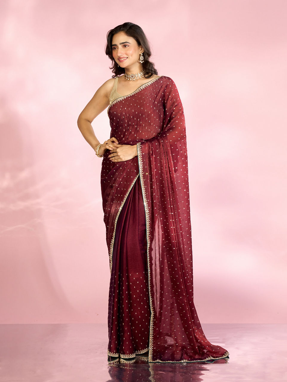 Mohey Women Exquisite Wine Organza Saree