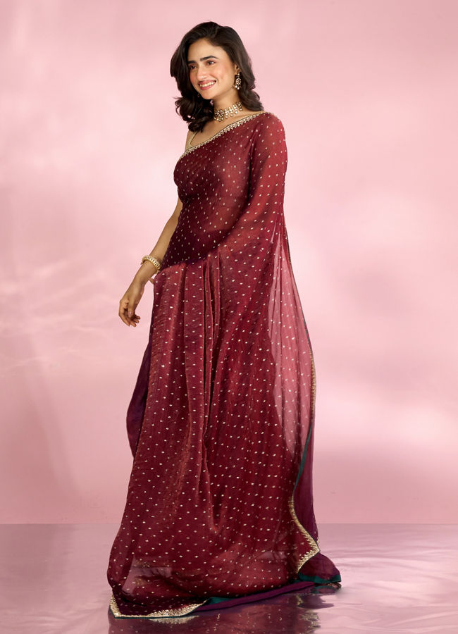 Mohey Women Exquisite Wine Organza Saree