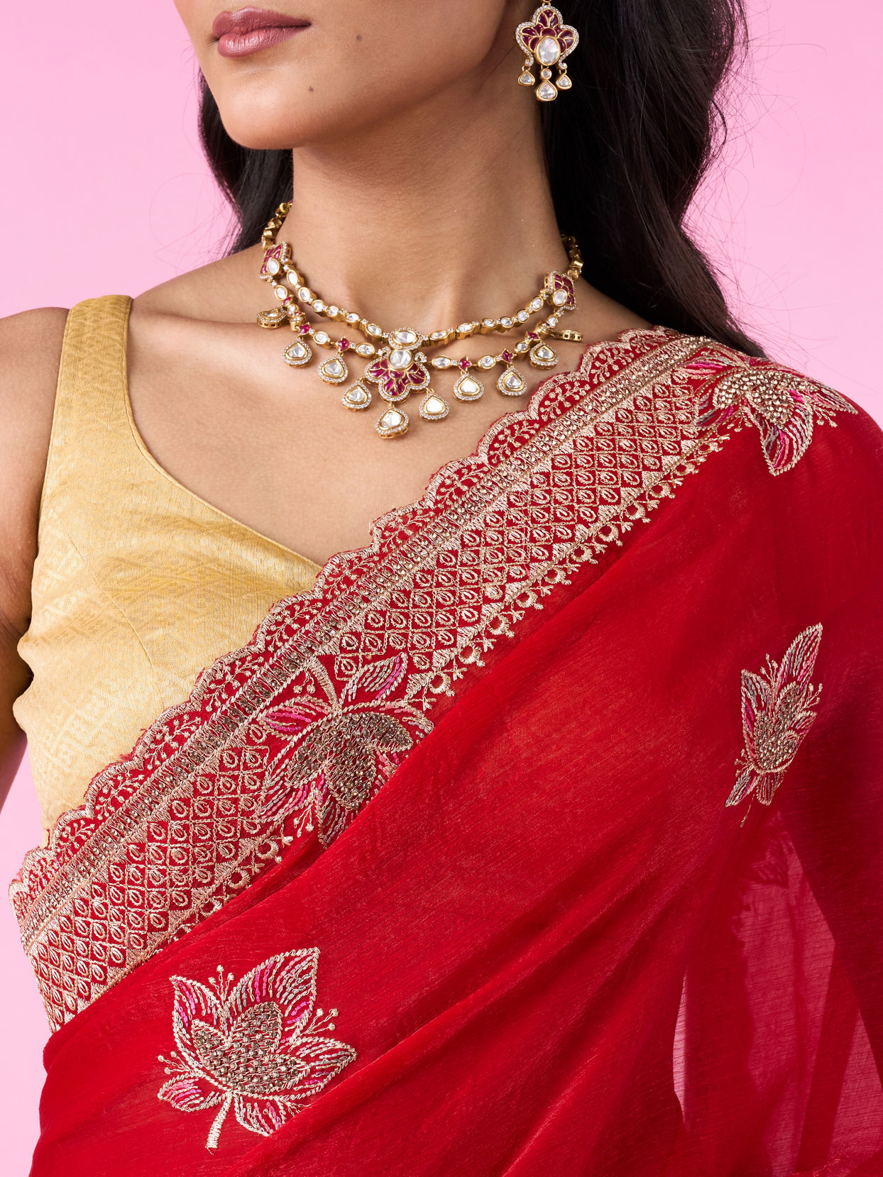 Buy Radiant Red Aesthetics Saree Online in the UK @Mohey - Saree for Women