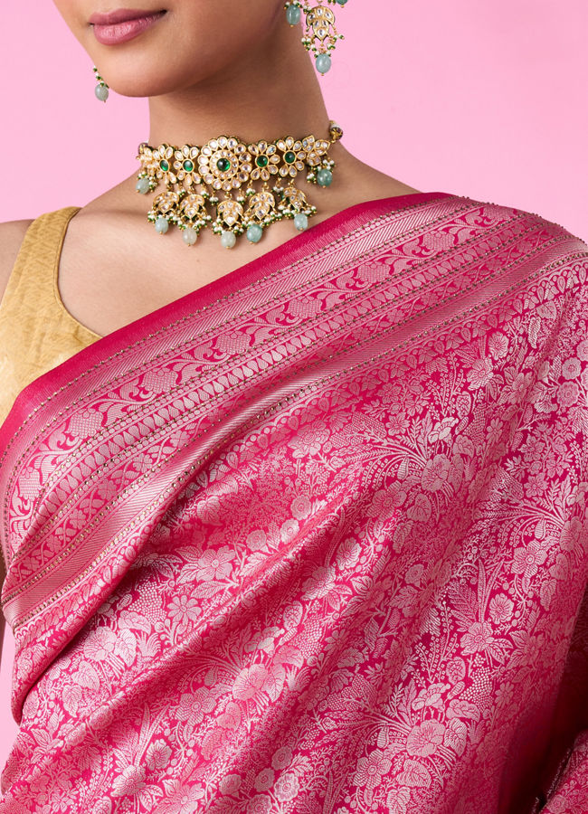 Mohey Women Dazzling Festive Pink Banarasi Saree